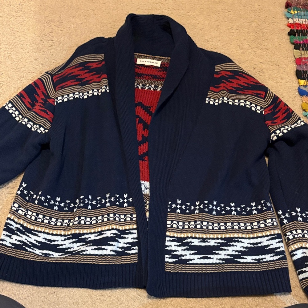 NWOT Lucky Brand Women’s Navy Shawl Collar Patterned Open Front Sweater Large